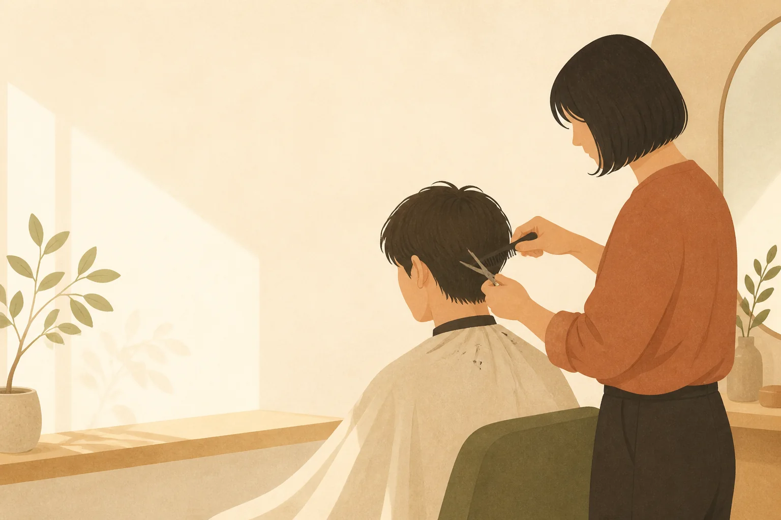 理髮師替客人整理頭髮。